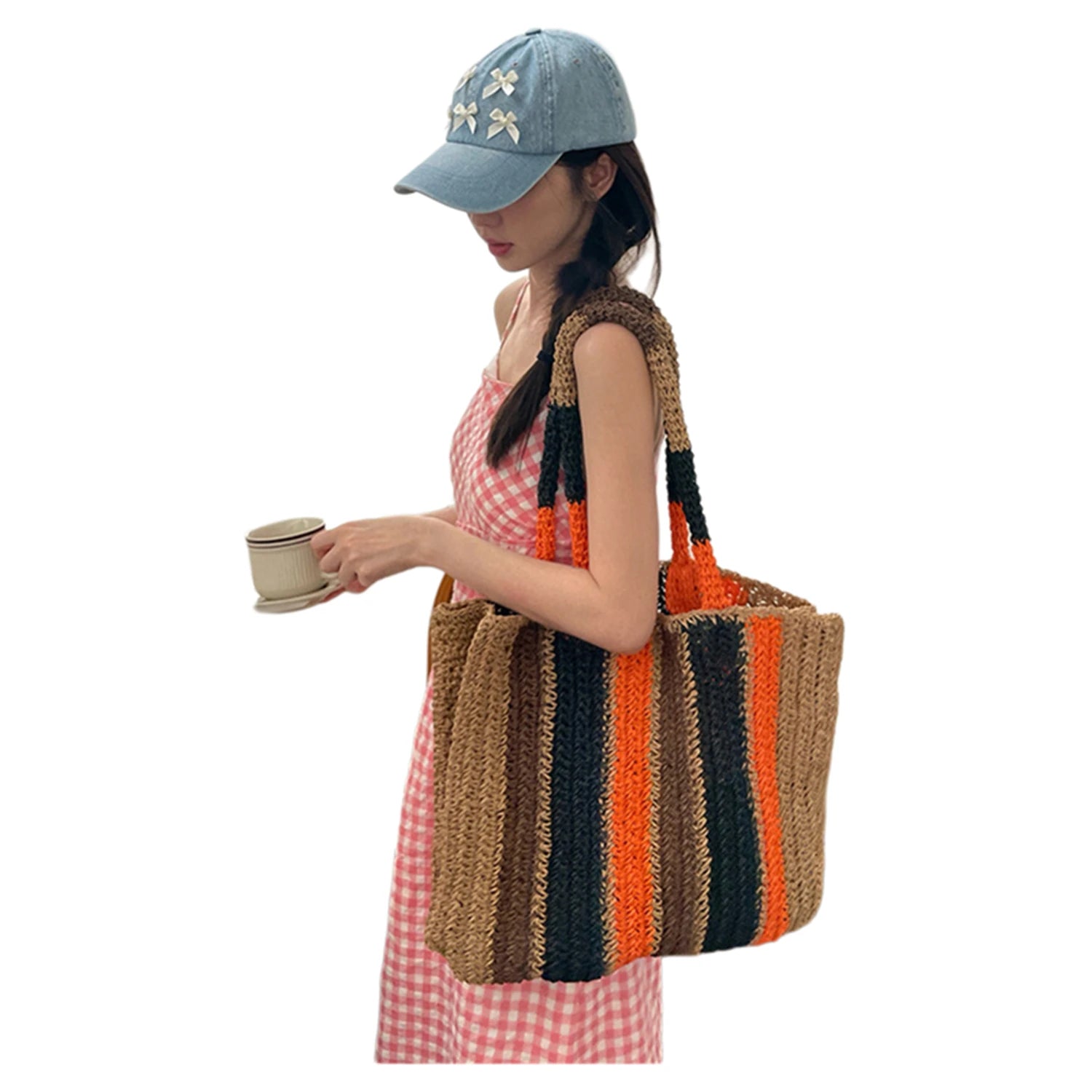 Retro Striped Weave Large Capacity Shoulder Bag Open Top Straw Basket Vacation Beach Bag for Men And Women Casual Daily Use