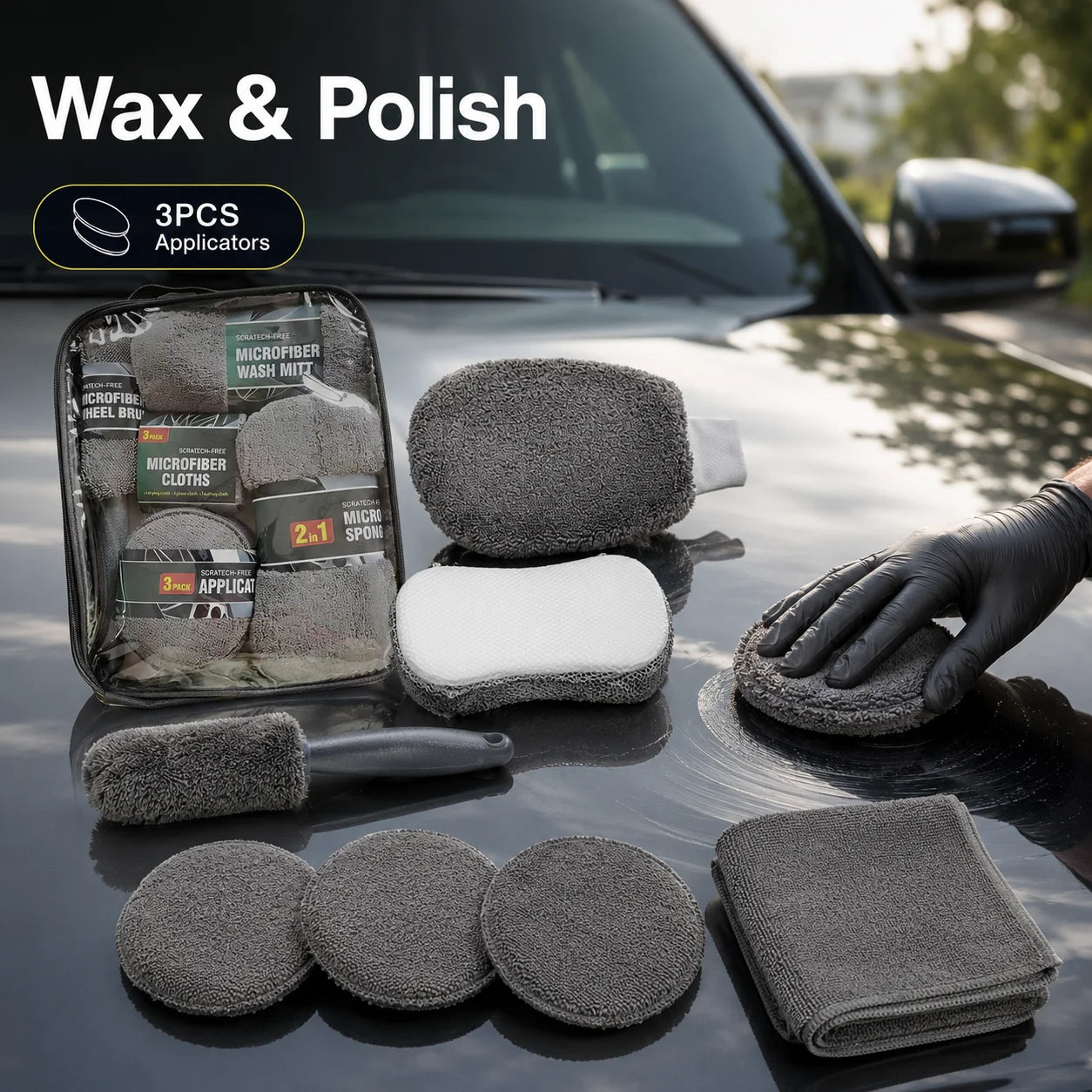 6/9Pcs Microfiber Car Wash Kit Scratch Free Auto Detailing Cleaning Tools Set Car Care Wash Mitt Towels Sponge Applicator Pads