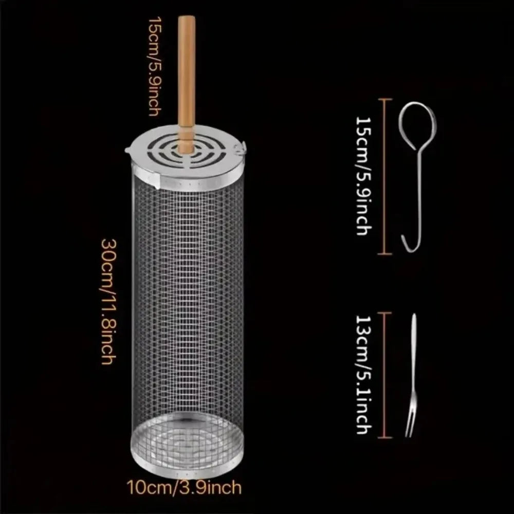 Stainless Steel Round BBQ Grill Cage, Rolling Wire Mesh Cylinder Rack, Outdoor Camping Barbecue Essential