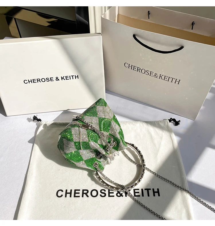 Luxury Designer Green Plaid Rhinestones Diamond Evening Clutch Bag Wedding Party Bucket Purse Women's Handbag Crossbody Bag