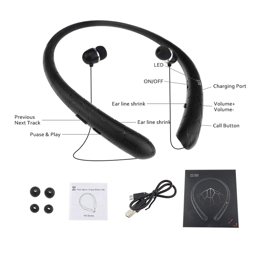 Neckband Headset Noise Canceling Workout Headphones Bluetooth-Compatible5.0 Retractable Earbuds with Mic for iPhone/Samsung/LG