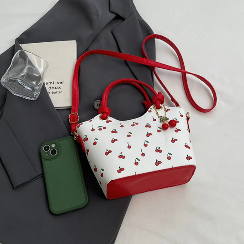 PU Leather Bucket Cherry Printed Crossbody Bag for Women Trendy Top-handle Bag Stylish Small Tote Handbag with Adjustable Strap