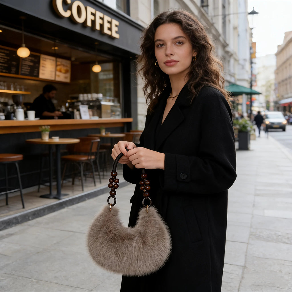 Elegant Plush Tote & Crossbody Bag with Beaded Strap. Zipper Closure, Multiple Colors. Perfect for Daily & Special Events.