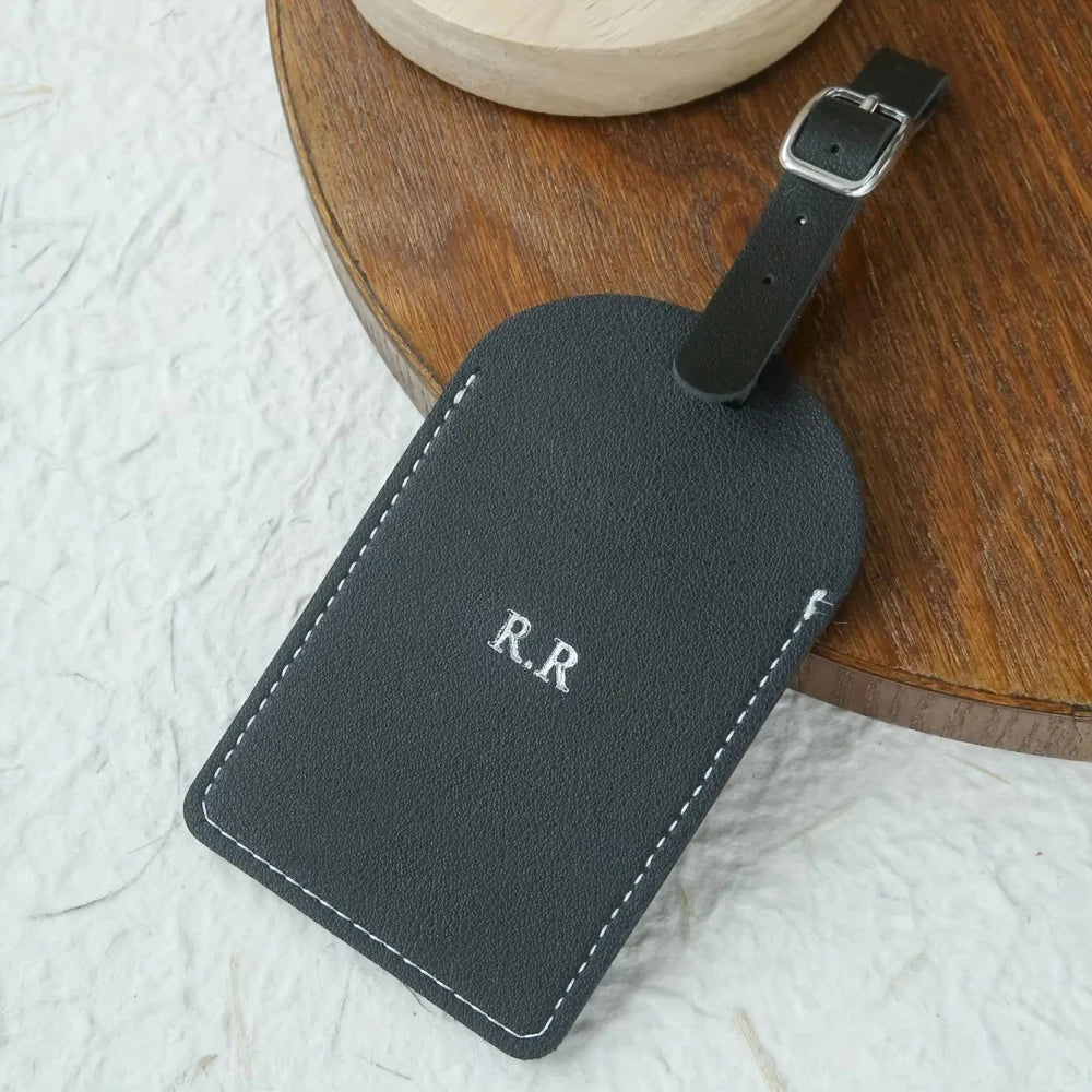 Customized Personalized Name Silver Gold Monogram Vegan Leather Luggage Tag with Privacy Card for Suitcases