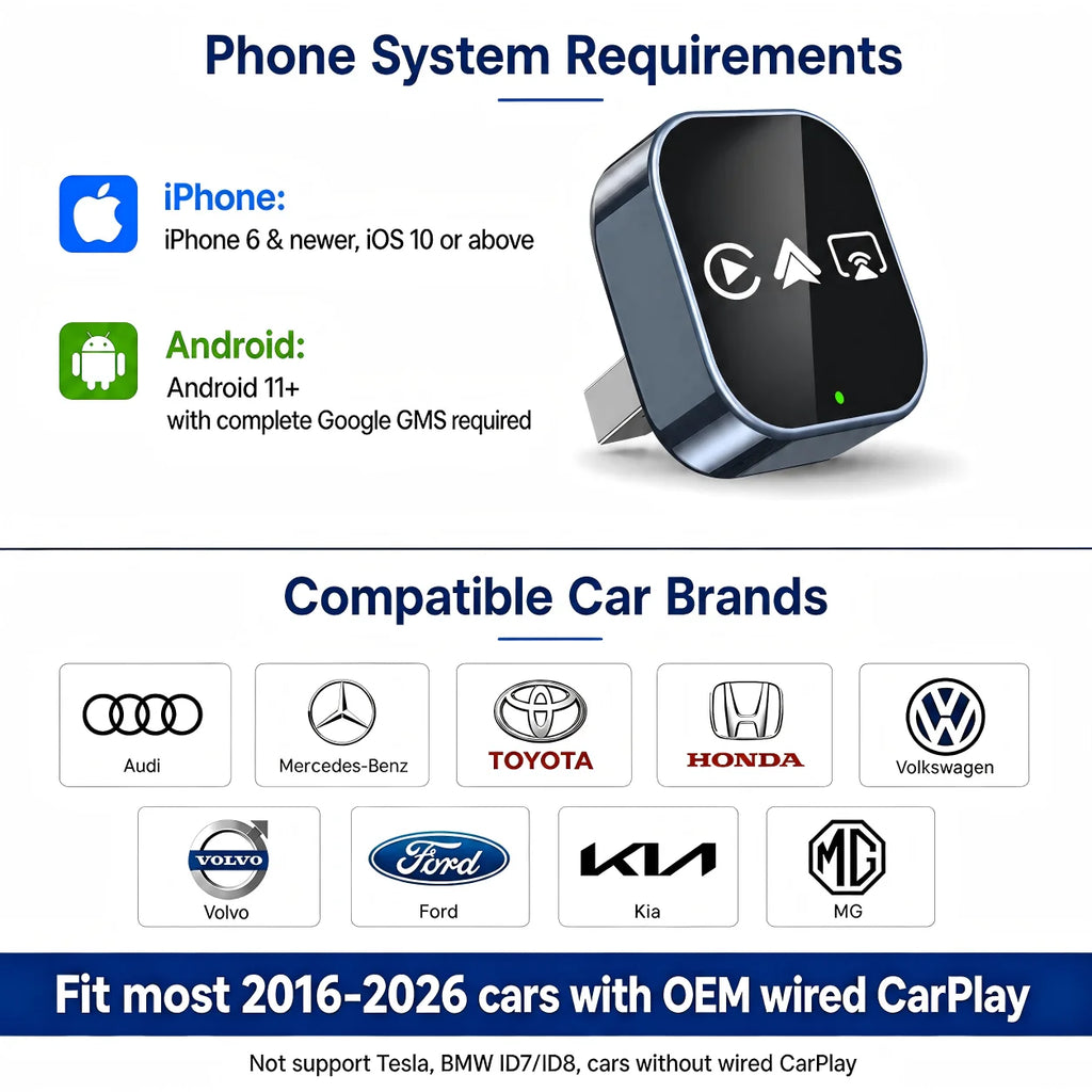 4 in 1 Wireless CarPlay Android Auto Adapter Wired To Wireless Converter AirPlay Miracast Mirror Link USB Plug & Play Mini Size