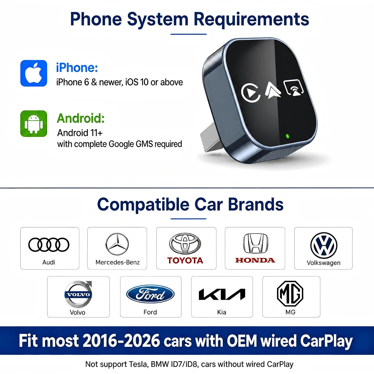 4 in 1 Wireless CarPlay Android Auto Adapter Wired To Wireless Converter AirPlay Miracast Mirror Link USB Plug & Play Mini Size