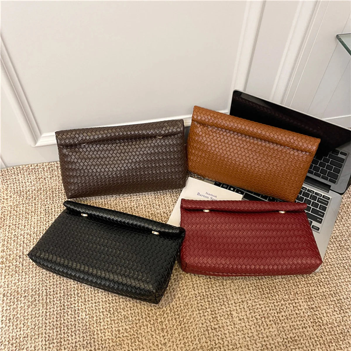 Braided Texture Fashion Retro Solid Color Clutch Bag PU with Lightweight Magnetic Closure Water Resistant for Daily Use