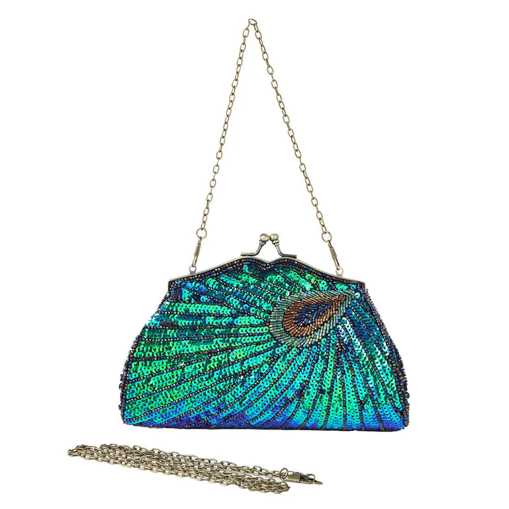 Lost in Vinatge Evening Bag with Sparkly Glitzy Turquoise Peacocks Beading Clutch with Antique Gold Hardware and Black Silky Bag