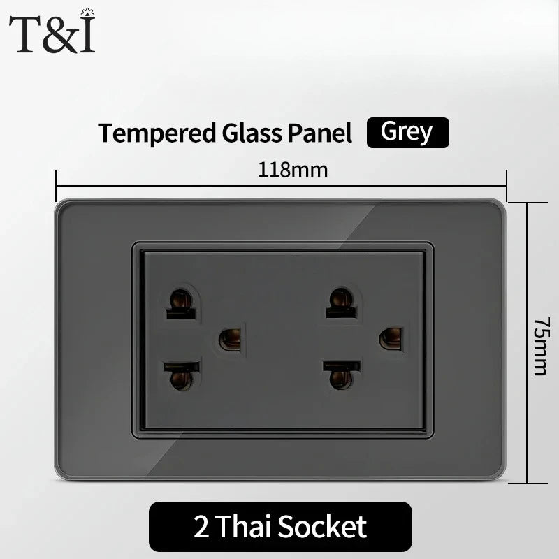 118*75mm TEMPERED GLASS SWITCH PANEL Wall Socket with USB Type - C, Grey US Switch, Thai Plug for Home & Office Use