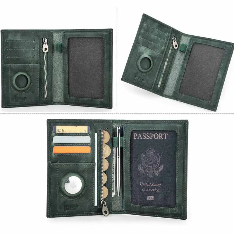 Genuine Cow Leather Passport Holder with AirTag Case - RFID Blocking Travel Wallet, Anti-Lost Pocket & Card Holder for Men Women