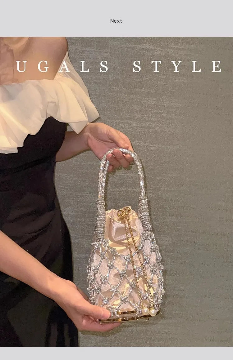 Hollow Out Glitter Rope Woven Handmade Luxury Women's Handbag Shiny Diamonds Evening Bag Wedding Party Clutch Purse Shoulder Bag
