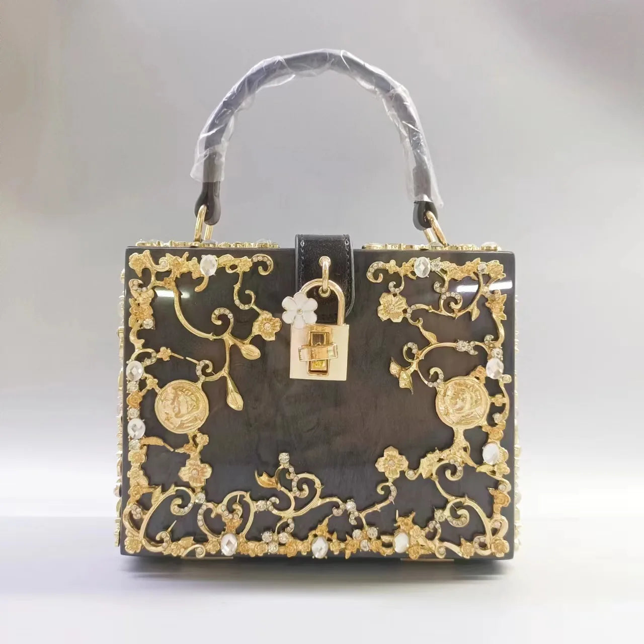 Luxury Acrylic Crystal Evening Bag Female New Hollow Out Metal Carved Flower Diamond Handbag Box Chic Shoulder Crossbody Bag Sac