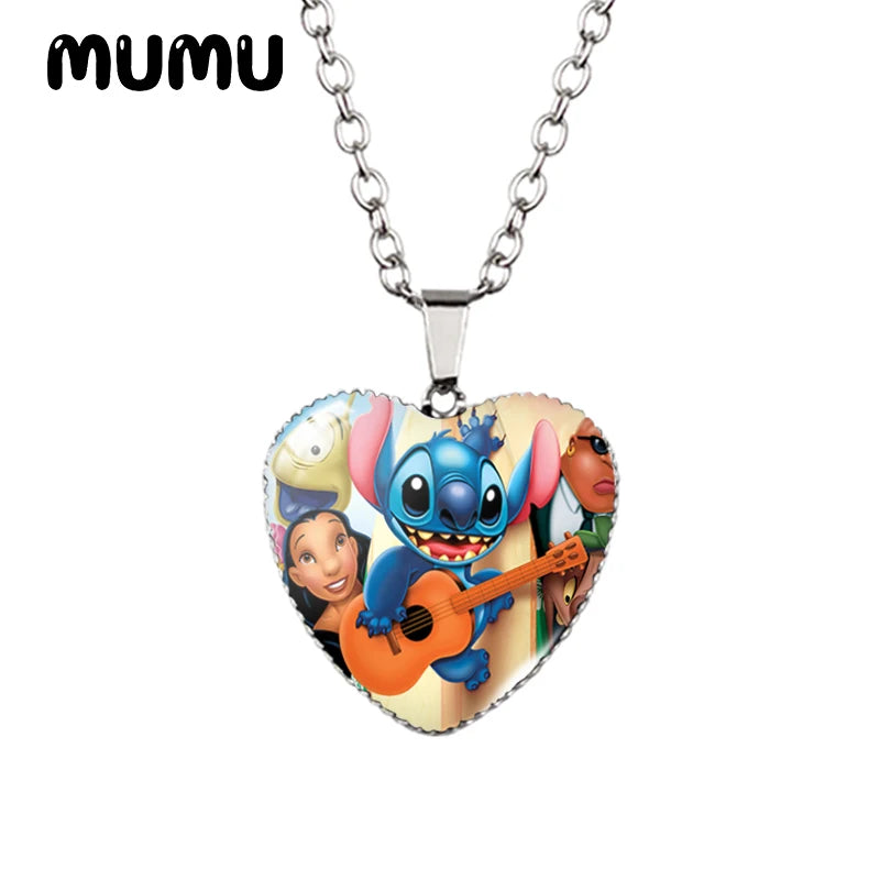 2024 New Lilo Stitch Angle Heart Necklace Glass Printed Photo Pendant Handmade Jewelry Gifts Children