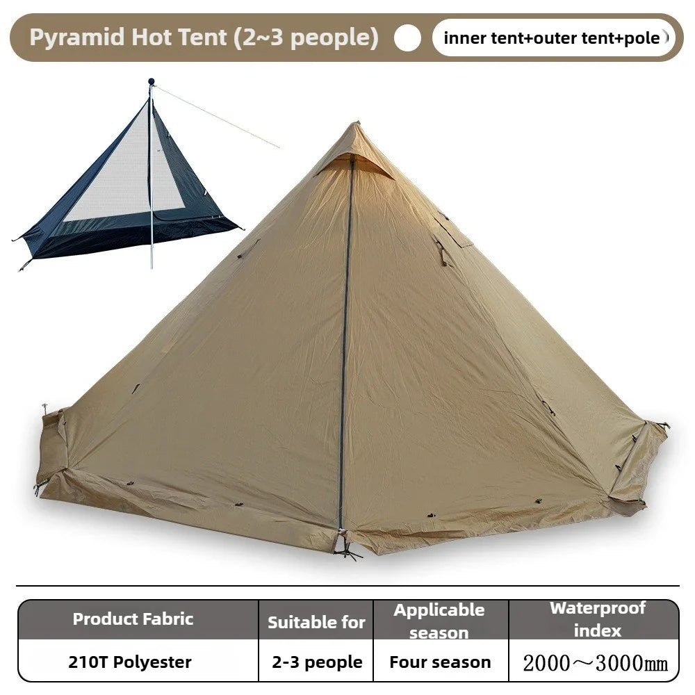 Pyramid Camping Tent Ultra-light Double Layer Hot Tent with Chimney Window Portable Single Solo / 2-3 Person Outdoor Jungle Tent