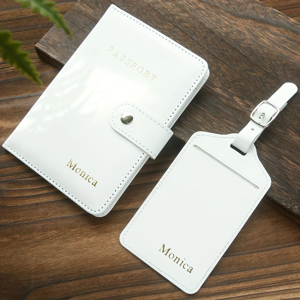 Custom Hot Stamping Name Passport Holder & Luggage Tag Customized Golden Monogram Name Textured Synthetic Leather Passport Cover