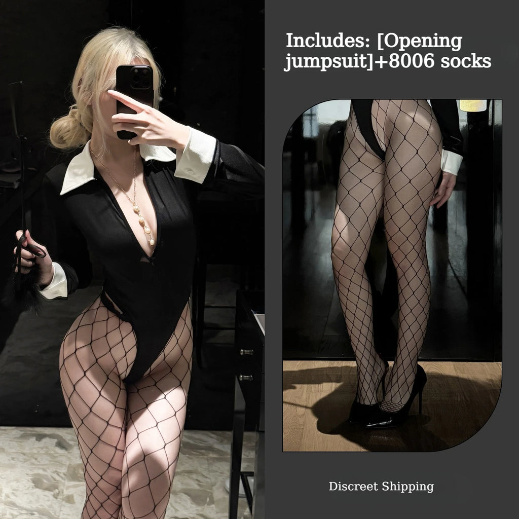 Abstinence Series Sexy Secretary Lingerie Deep V Temptation Jumpsuit No Need To Take Off Slim Fitting Role-playing Uniform Set