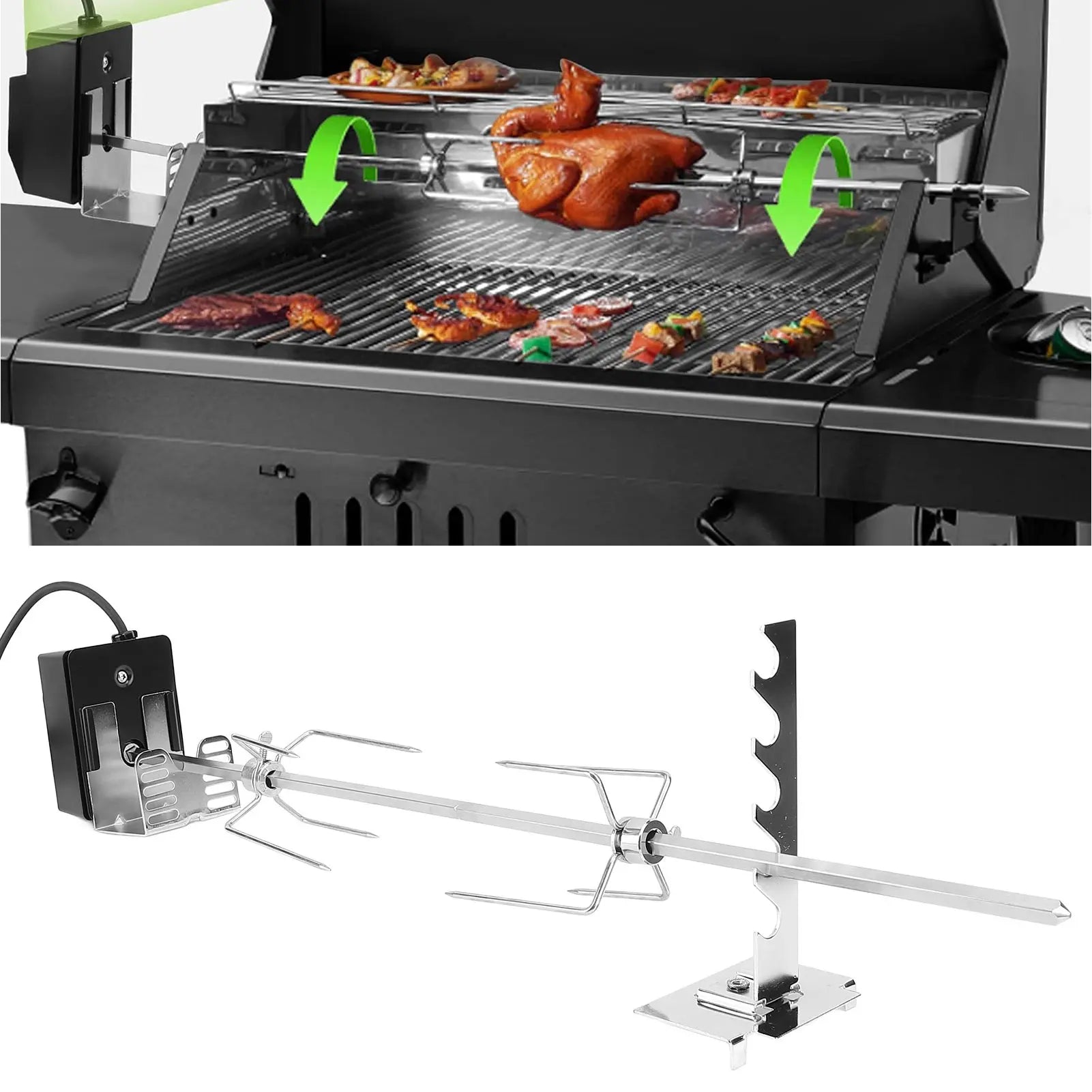 Rotisserie Grill Kit 15kg Load Bearing 2.5rpm/min Switch Stable Rotating Motor Stainless Steel Heavy Duty Rotisserie Kit