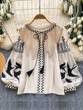 Women Autumn Blouse Bohemian Heavy-Duty V-Neck Embroidered Blouse Korean Long Sleeve Loose Fit Tassel Design Ethnic Top BL338