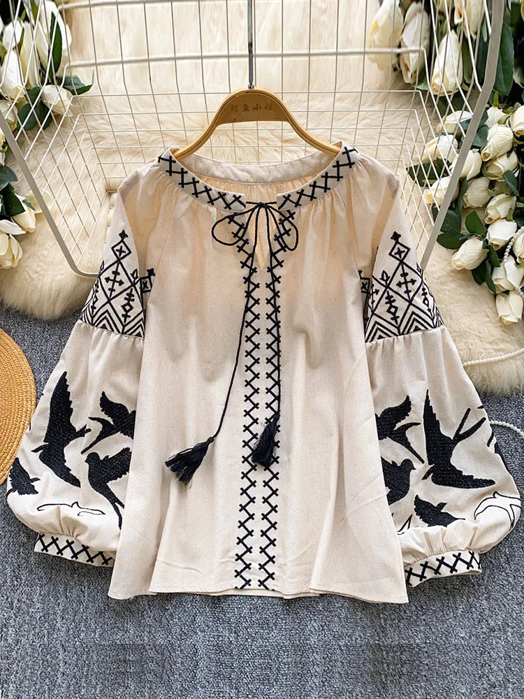 Women Autumn Blouse Bohemian Heavy-Duty V-Neck Embroidered Blouse Korean Long Sleeve Loose Fit Tassel Design Ethnic Top BL338