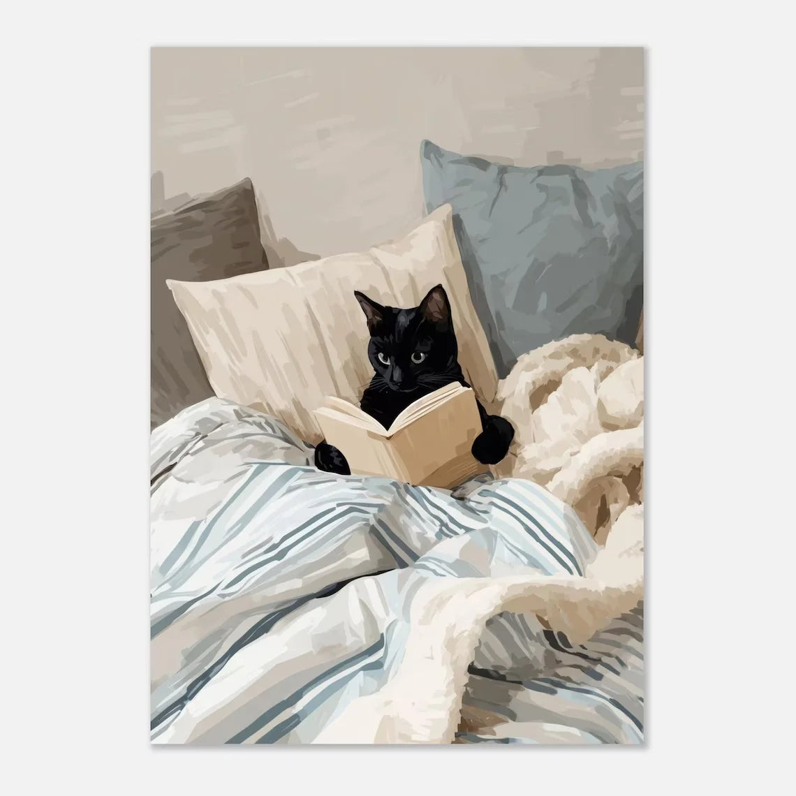 Cat Reading Print – Black Cat Wall Art, Cosy Bedroom Poster, Book Lover Cat Illustration, In Bed Print, Reading Decor, Cozy