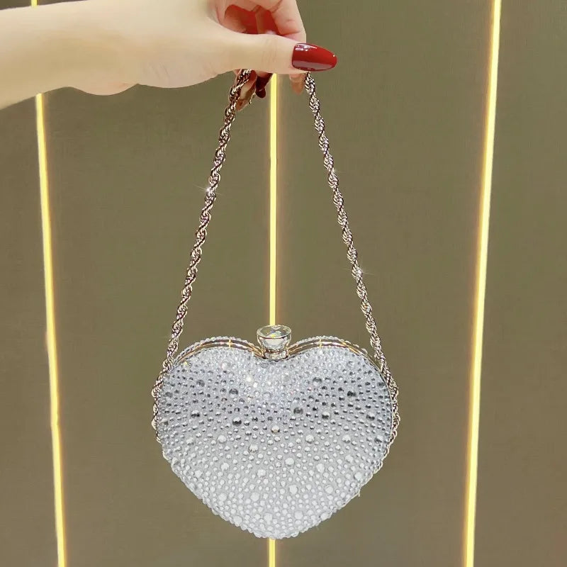 Dinner Handbag Luxury Brand Diamond-encrusted Dinner Party Women's Shoulder Bag Heart-shaped Fashion Shining Mini Women's Bag