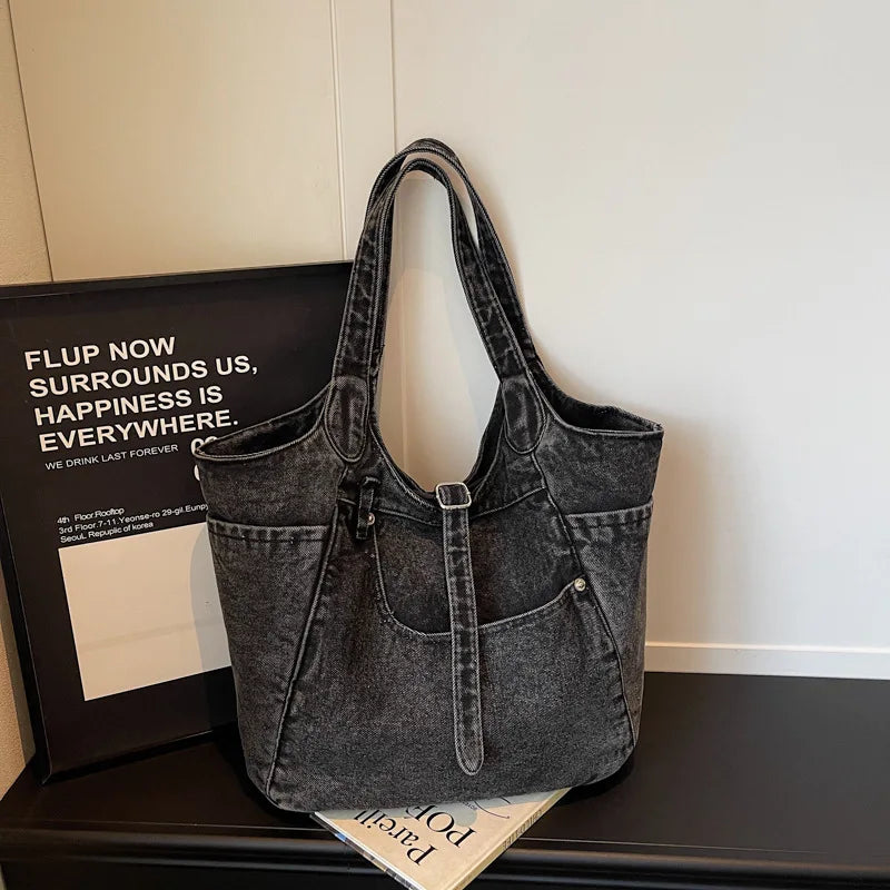 Retro Washed Women Tote Bag New Lazy Style Versatile Shoulder Bag Fashion Commuting Travel Armpit Storage Bag