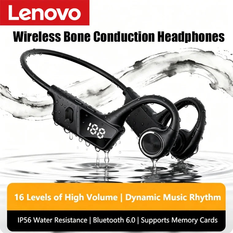 Lenovo Ai New Bone Conduction Bluetooth Headphones Memory Noise Cancellation Battery Level Display and Running Mode Waterproof