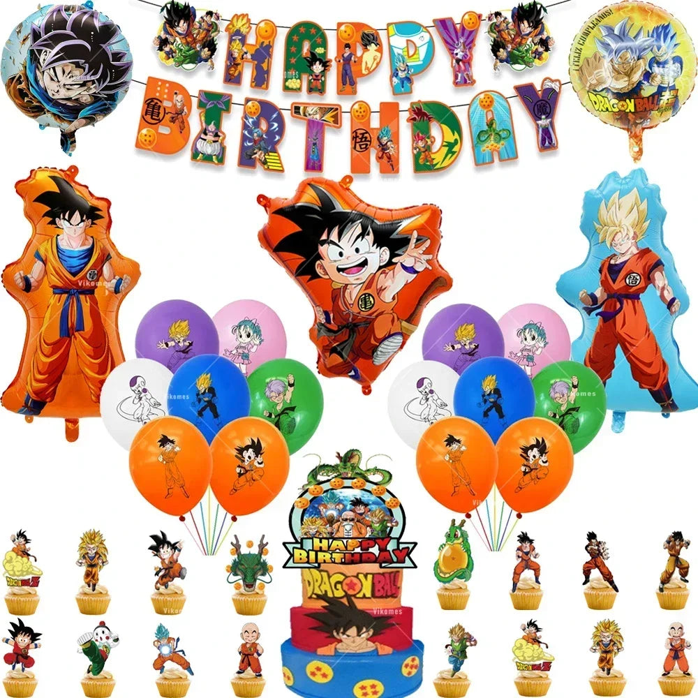 Dragoned Ball Z Balloons Happy Birthday Banner Goku Vegeta Ballons Party Decoration Plate Disposable Tableware Cake Topper Toy