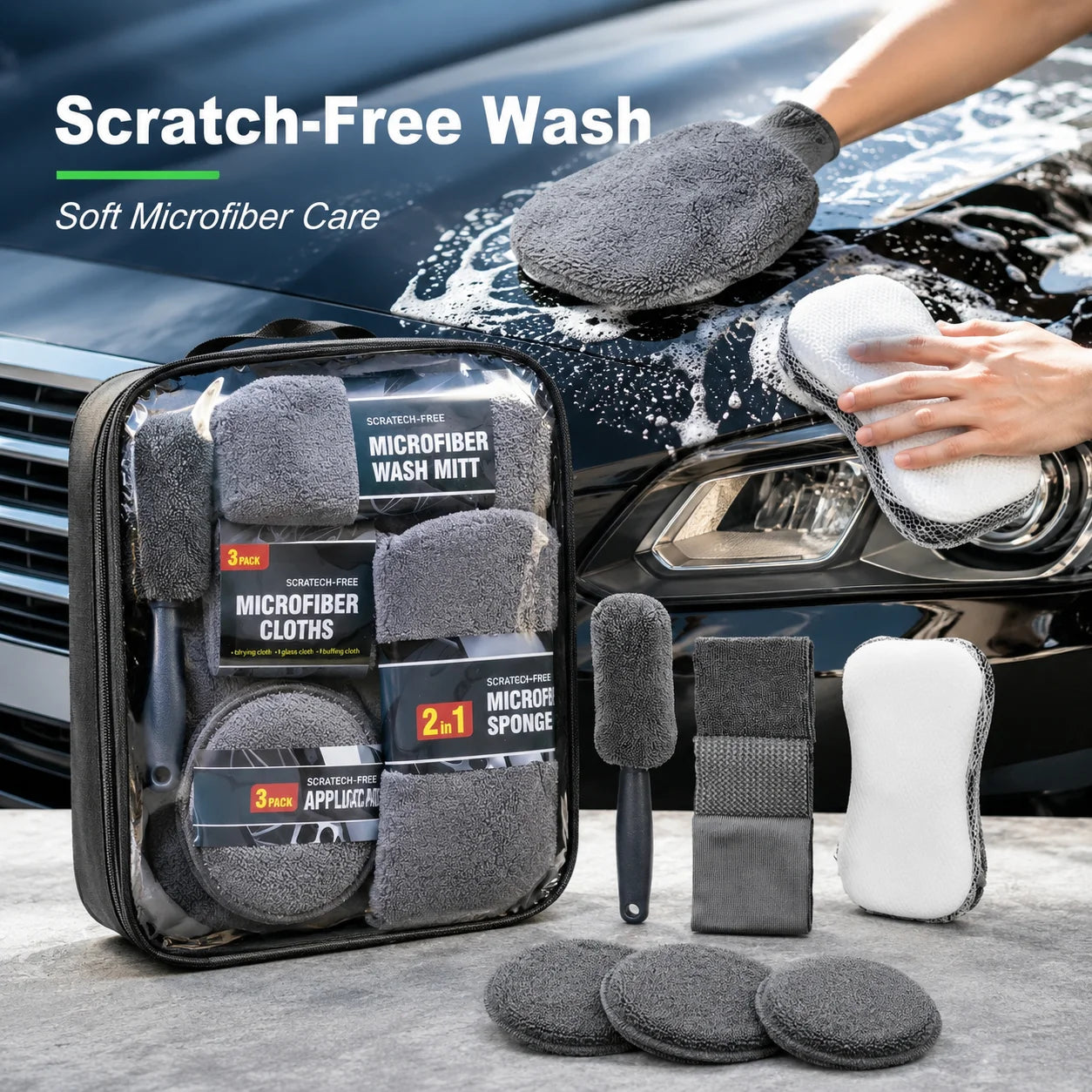 6/9Pcs Microfiber Car Wash Kit Scratch Free Auto Detailing Cleaning Tools Set Car Care Wash Mitt Towels Sponge Applicator Pads