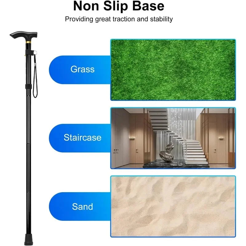 Portable Folding Walking Cane 5 Level Height Adjustable Walking Stick with Wrist Strap Lightweight Travel Mobility Aid