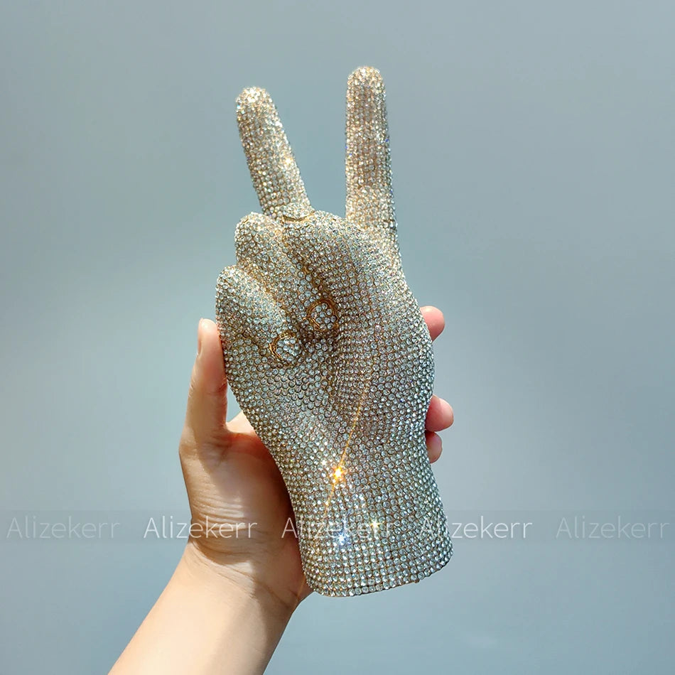 Alizekerr Victory Hand Shaped Diamond Evening Bags Women New Luxury Designer Unique Stylish Rhinestone Purses And Handbags Party