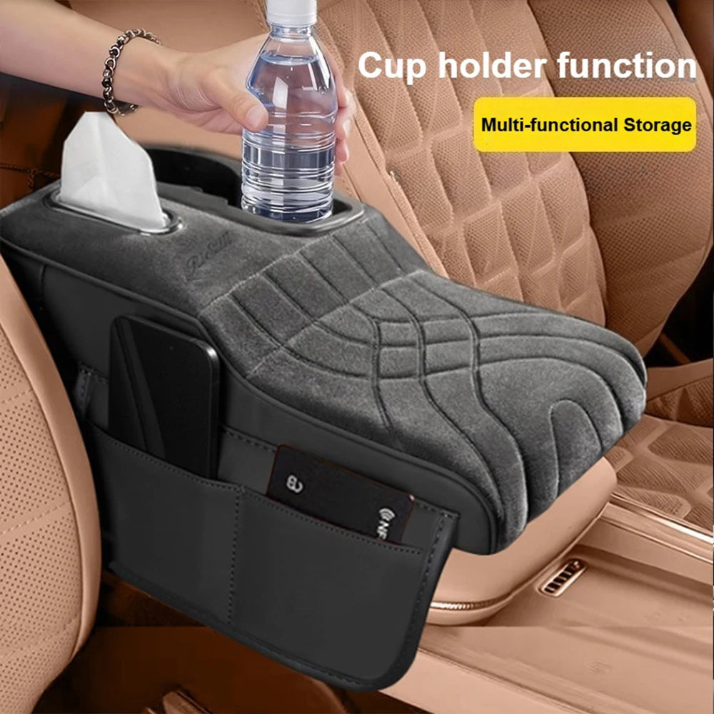 High-Low Style Suede fabric Car Armrest Box Cushion - an Armrest Cover with 2 Side Pockets, 2 Cup Holder,and 1 Tissue Box.