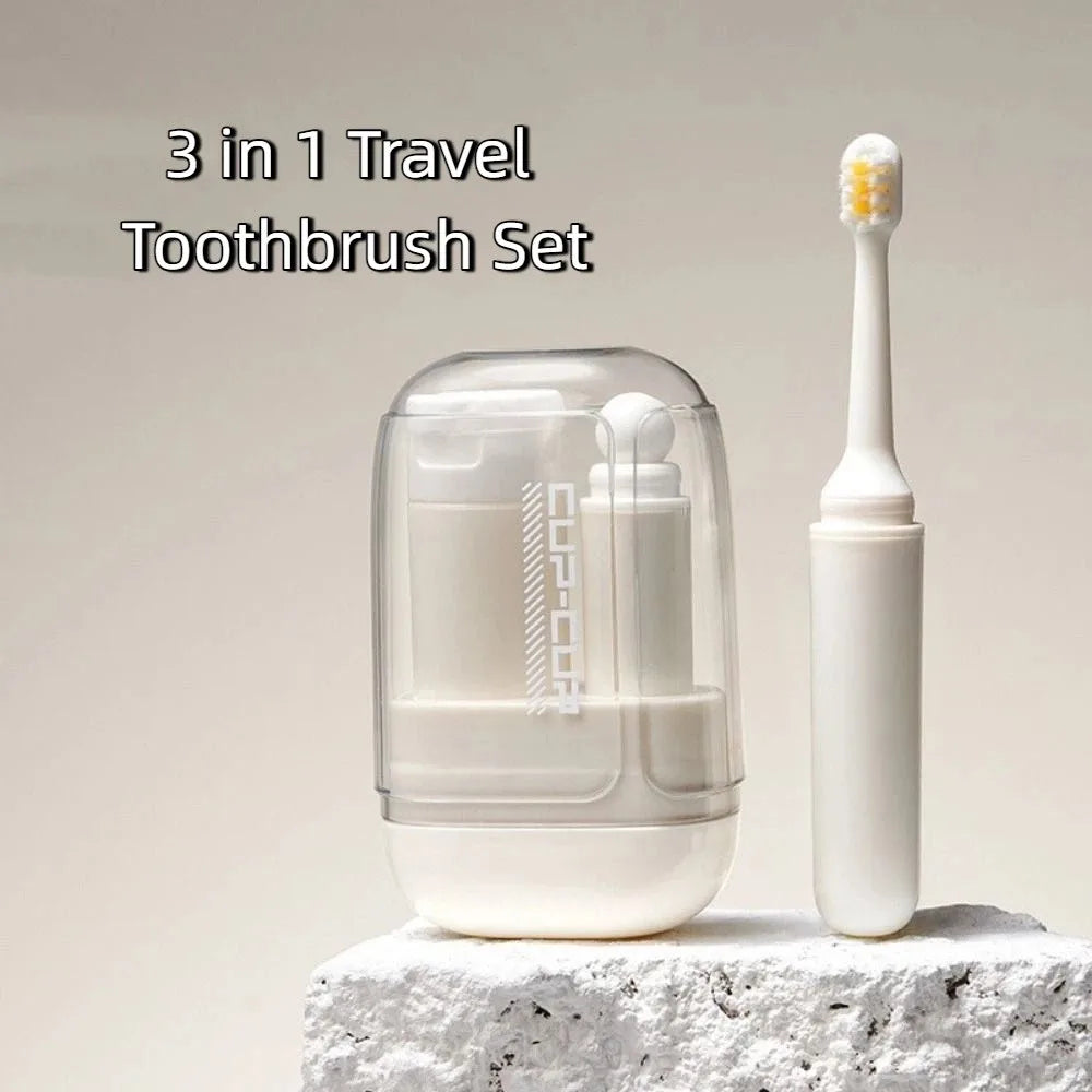 Portable 3 in 1 Travel Toothbrush Set Folding Plastic Mouthwash Cup Space Saving Toothpaste Toothbrush Organizer Women Men