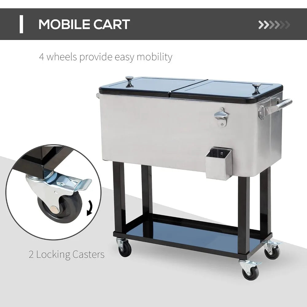 80 QT Wheeled Stand-Up Drink Cooler Cart,Silver,For Outdoor Party, Custom
