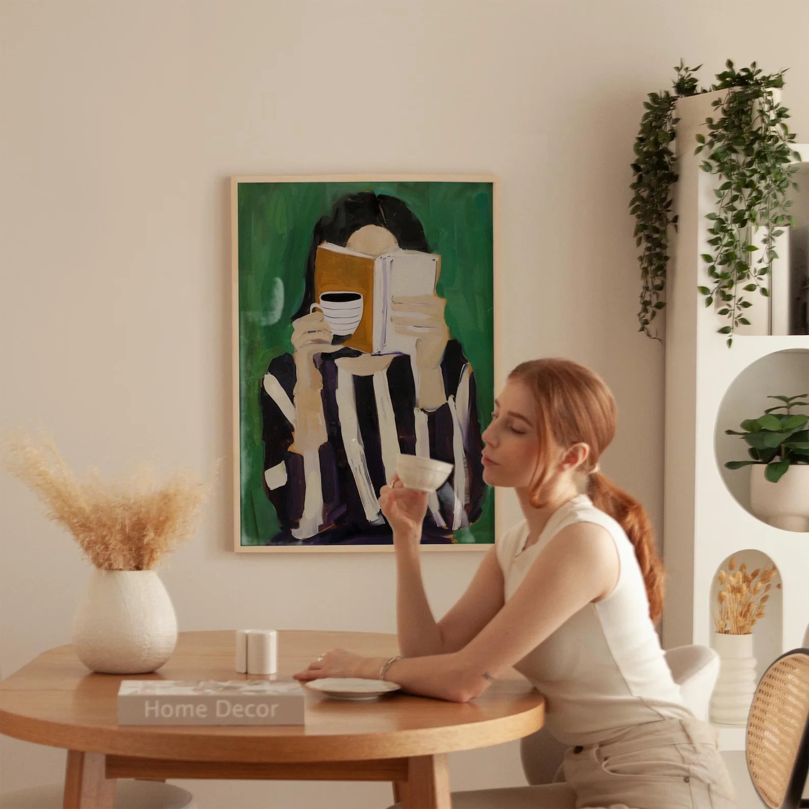 Emerald Green Woman Reading Folder Print Minimalist Abstract Canvas Wall Decor Unframed