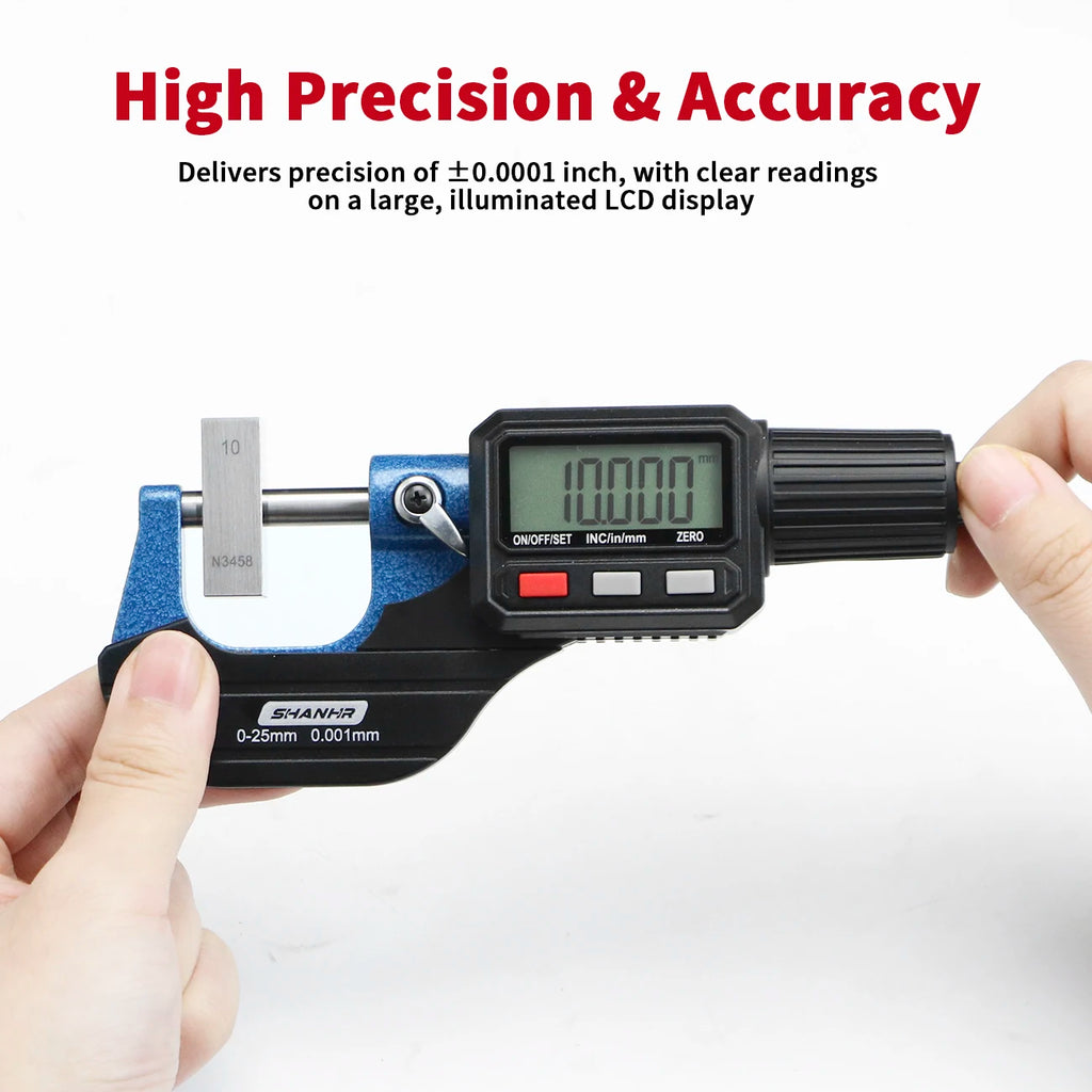 SHANHR 0-25mm Digital Micrometer Metric Inch Conversion ABS Function Large LCD Display Precision Micrometer Measuring Tool