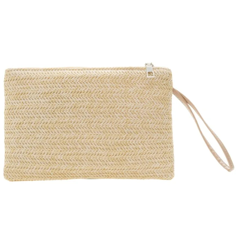 Solid Straw Woven Wristlet Clutch Bag Portable Beach Wallet Women Daily Phone Cash Storage Coin Purse Card Holder Hand Pouch