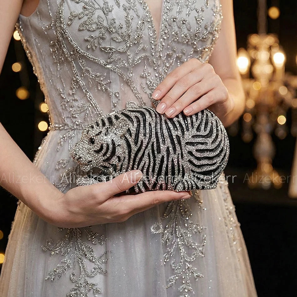 Tiger Crystal Evening Clutch Bags For Wedding Party New Metal Bling Rhinestone Novelty Purses And Handbags Luxury Designer