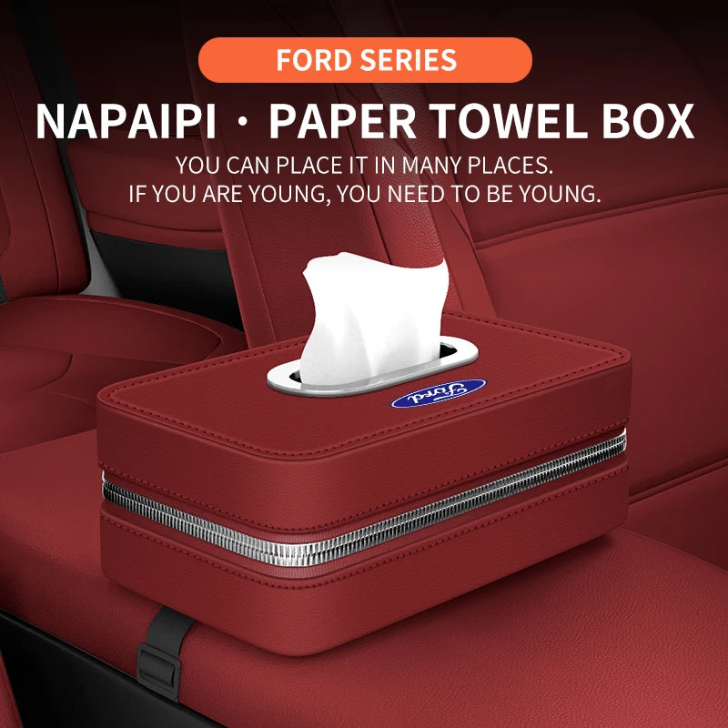 For Ford Mondeo Focus Explorer Escape Kuga Everest Bronco F-150 Ranger Transit Car-Mounted Leather Tissue Paper Storage Box