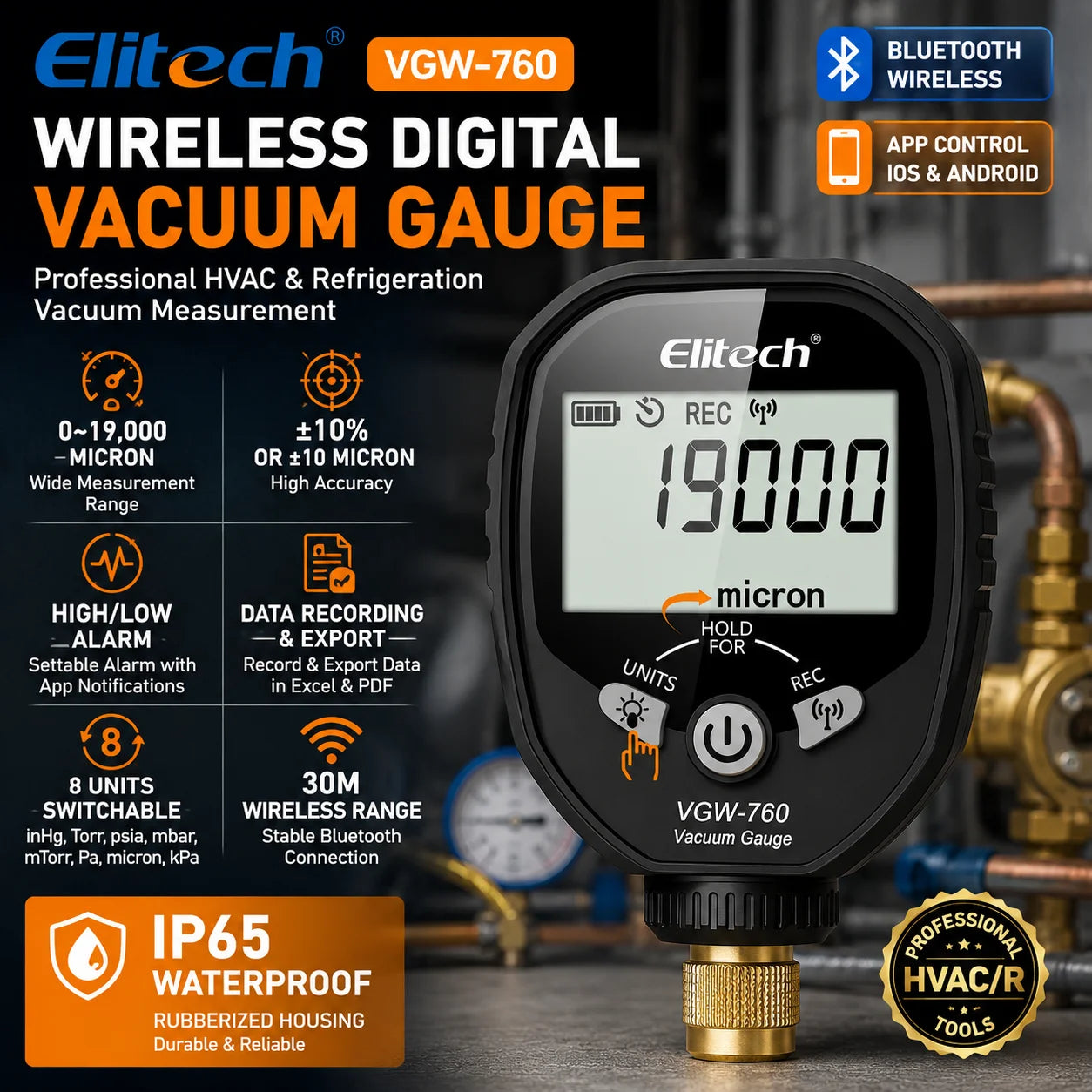 VGW-760 Wireless Digital Vacuum Gauge Bluetooth Micron Meter HVAC Refrigeration Vacuum Meter Leak Testing 1/4 SAE