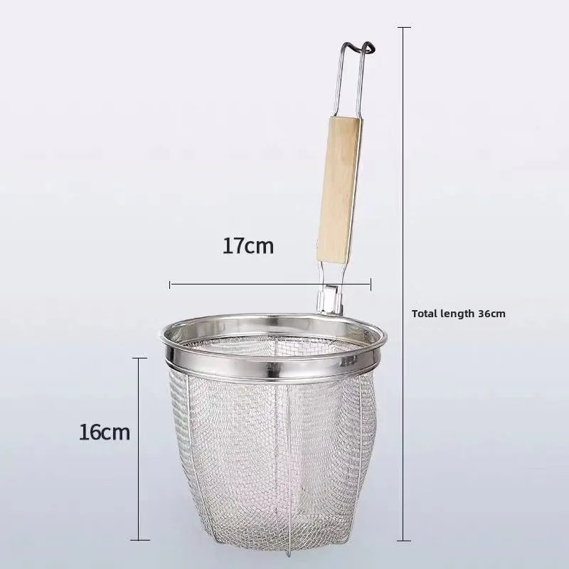 Stainless Steel Noodle Funnel Wooden Handle Multifunctional Fine Mesh Sieve Spoon Thickened Pasta Basket Strainer