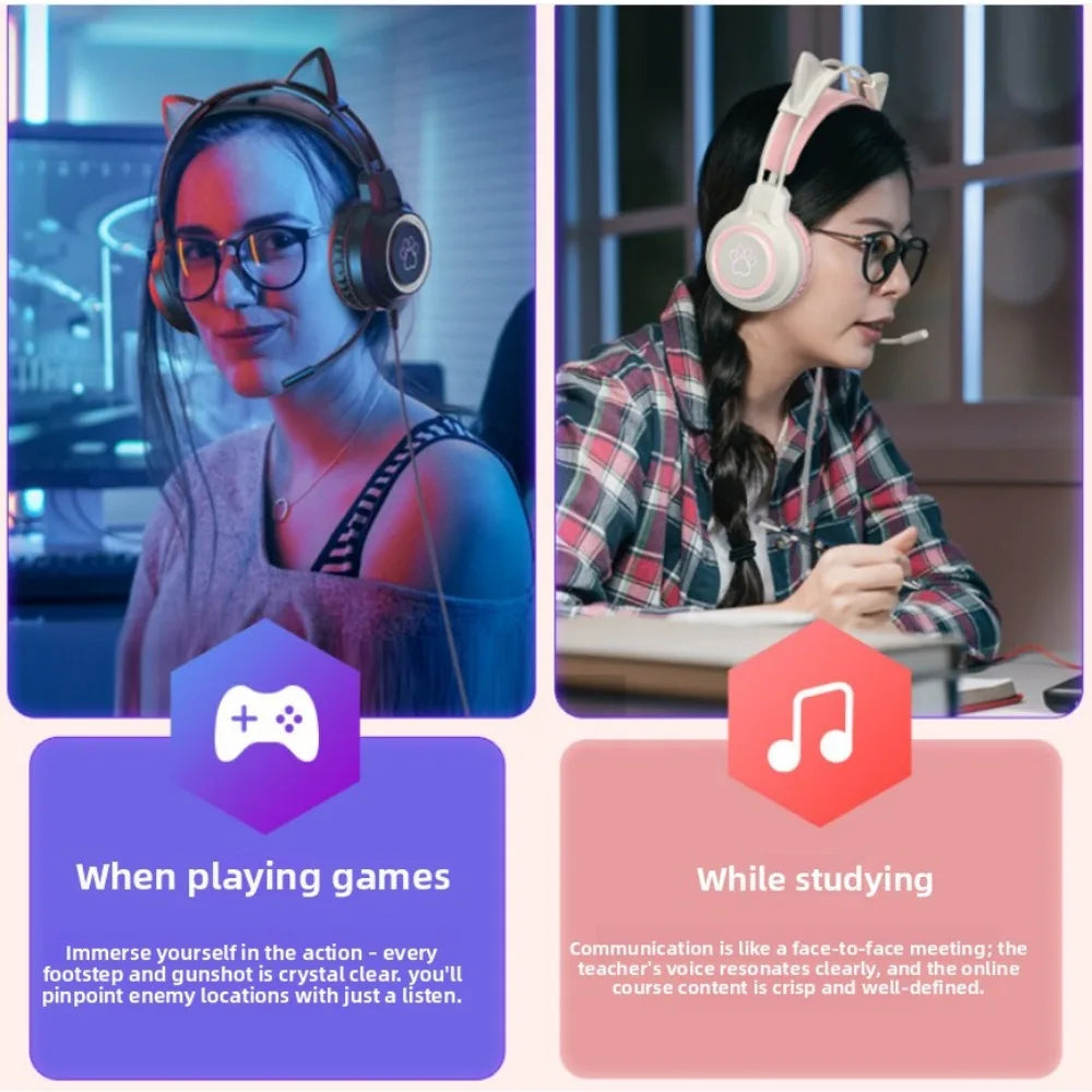 RGB Gaming Earphones with High-Definition Flexible Microphone 3.5mm Gaming Earphones Detachable Cat Ears and Deer Antlers