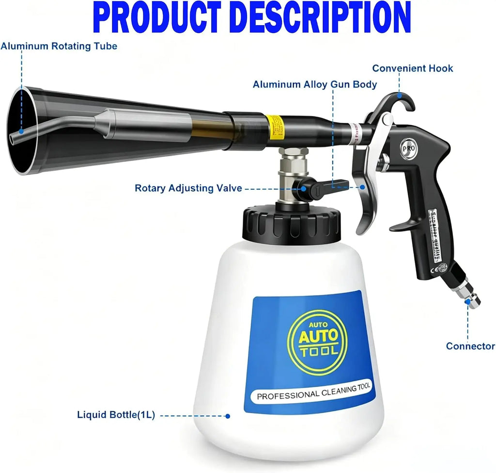 For Tornado Car Cleaning Gun High-Pressure Air Blow Gun1L Liquid Bottle-Metal Dump Tube Deep Cleaning Interior Dirt Dust Removal
