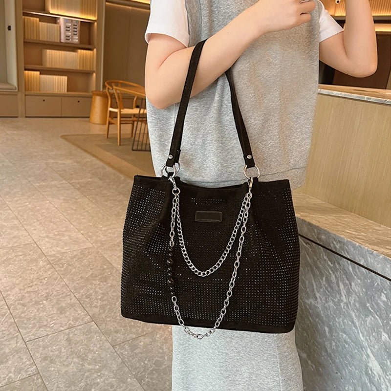 2024 Fashion Women Bling Diamonds Handbag Large Capacity PU Leather Big Totes Designer Female Chain Shoulder Bags Shopping Bags