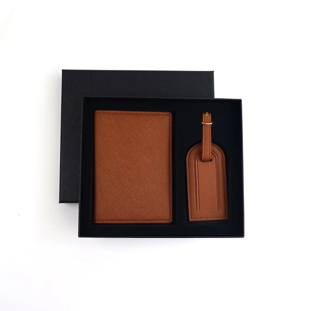 Customized name set, unisex Safiano PU leather passport holder and luggage tag gift box