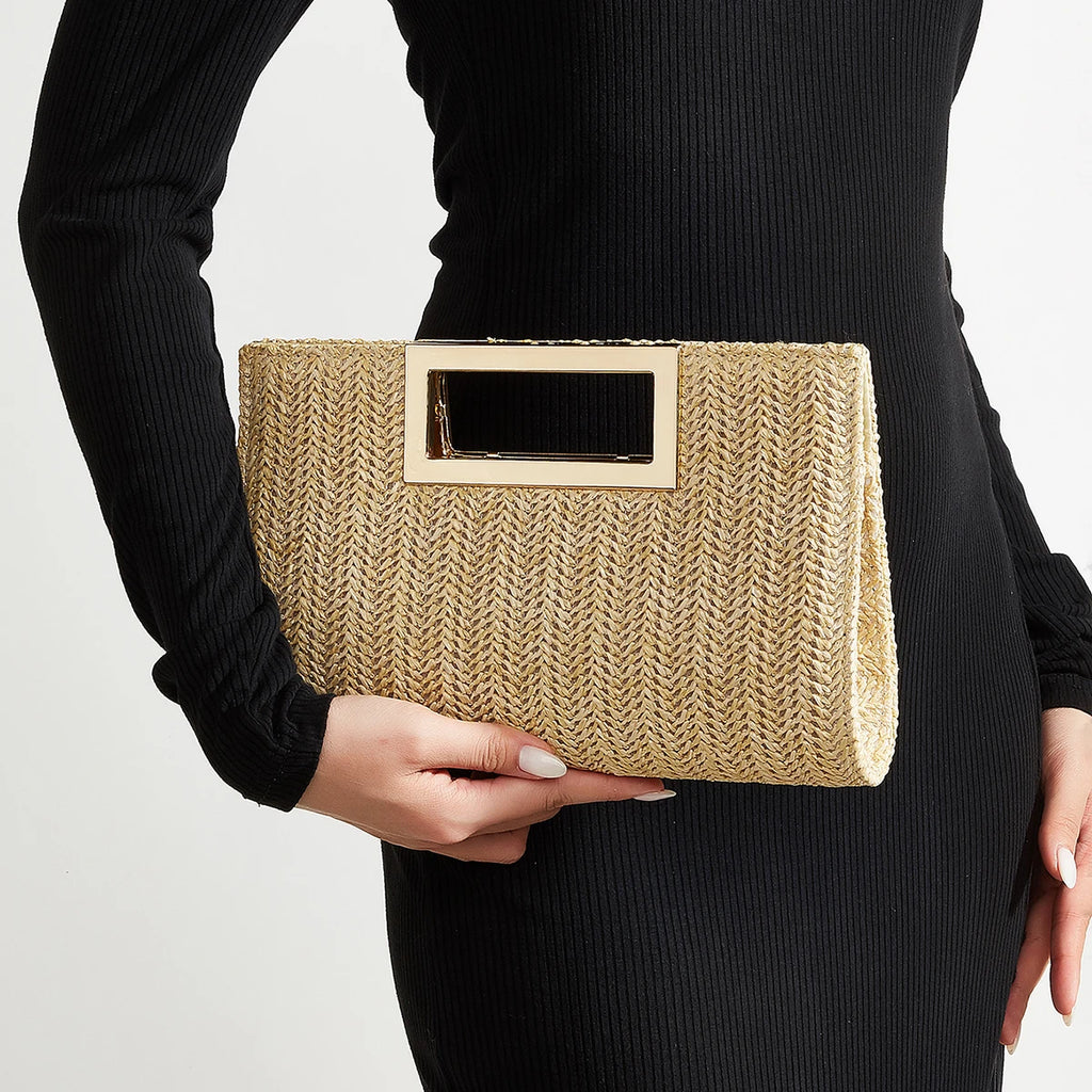 Women's Woven Handbag, Summer Beach Essential, Vacation Season, Solid Color, Straw Bag, Versatile Party Handbag, Detachable Shoulder Strap, Light Luxury Metal Handbag, Beach Wedding Handbag