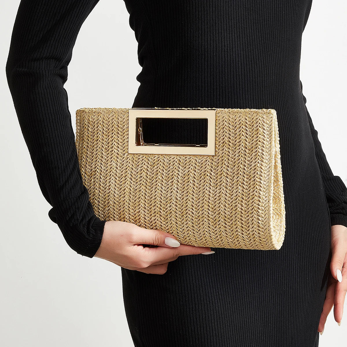 Women's Woven Handbag, Summer Beach Essential, Vacation Season, Solid Color, Straw Bag, Versatile Party Handbag, Detachable Shoulder Strap, Light Luxury Metal Handbag, Beach Wedding Handbag