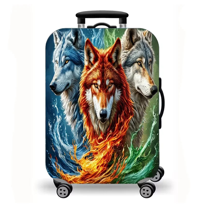 Luggage Cover, Fantasy Wolf Lion Tiger Fire Ice Print Stretch Suitcase Protector, Washable Anti-Scratch Travel Baggage Cover
