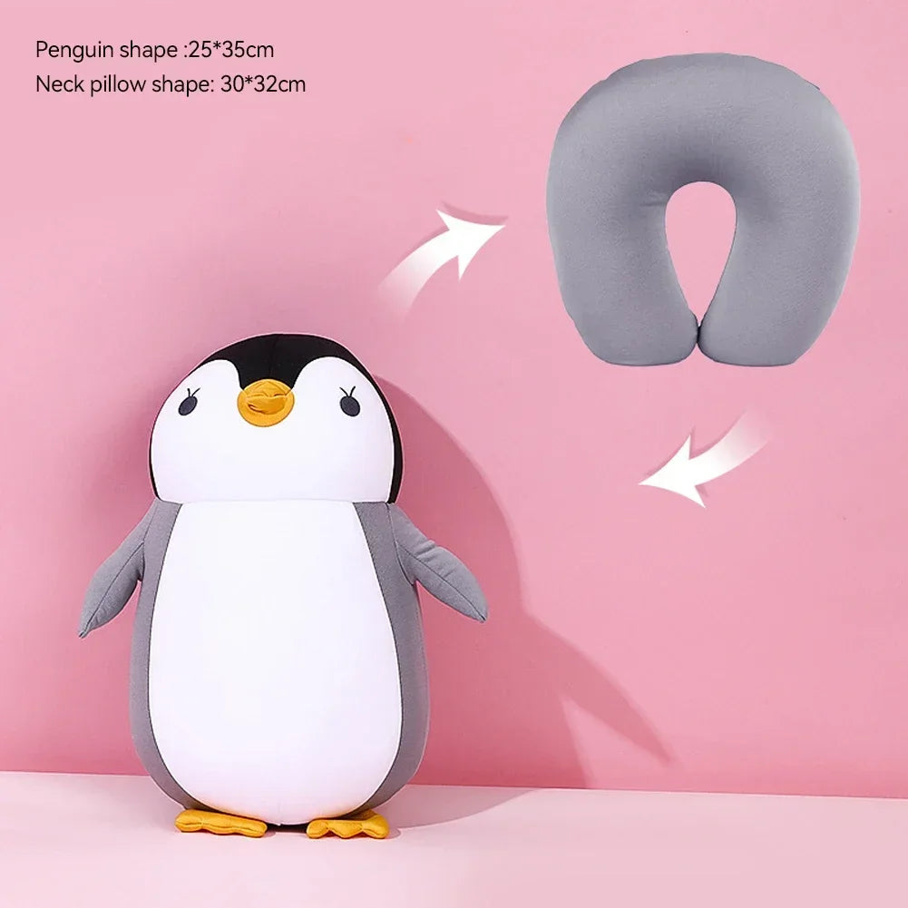 Travel Neck Pillow U-Shaped Plush Pillow Cute Zip and Flip Penguin Deformable Cushion Supports Your Head Neck Chin for Adult