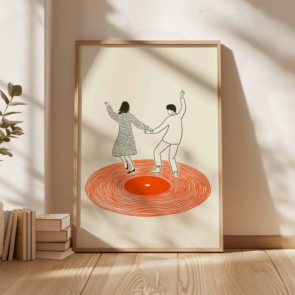 Dancing Couple Wall Art Print, Retro Record Player Poster, Modern Music Inspired Illustration for Home Bar or Living Room